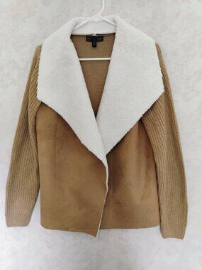 Sienna Sage Sherpa Suede Camel Tan Cardigan Sweater Jacket Large